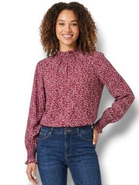 Lomon Women’s Burgundy Floral Long Sleeve Boho Blouse – Large